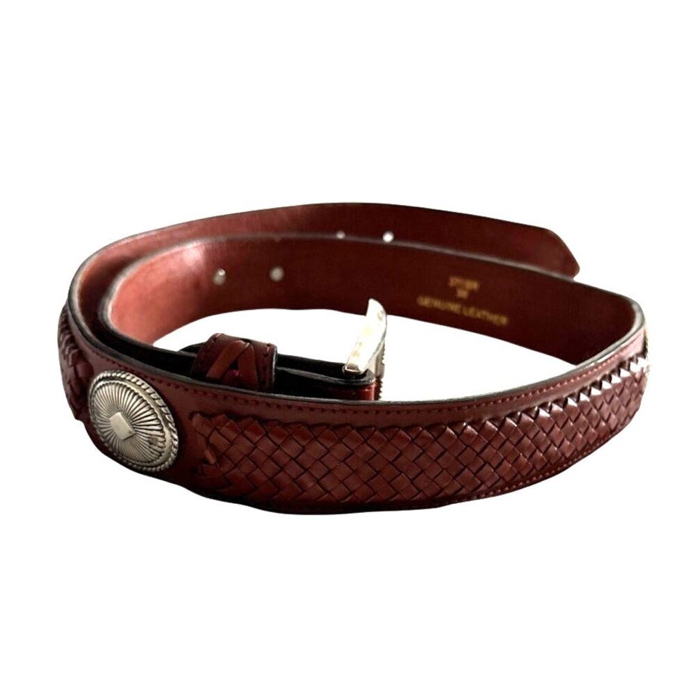 Vintage Genuine Leather Woven Concho Belt | Brown Western Boho